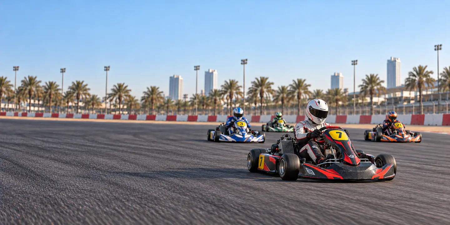 AI-generated illustration of a white-helmeted kart driver with both hands on the wheel, leading three racers in blue, green and orange on a UAE-inspired circuit