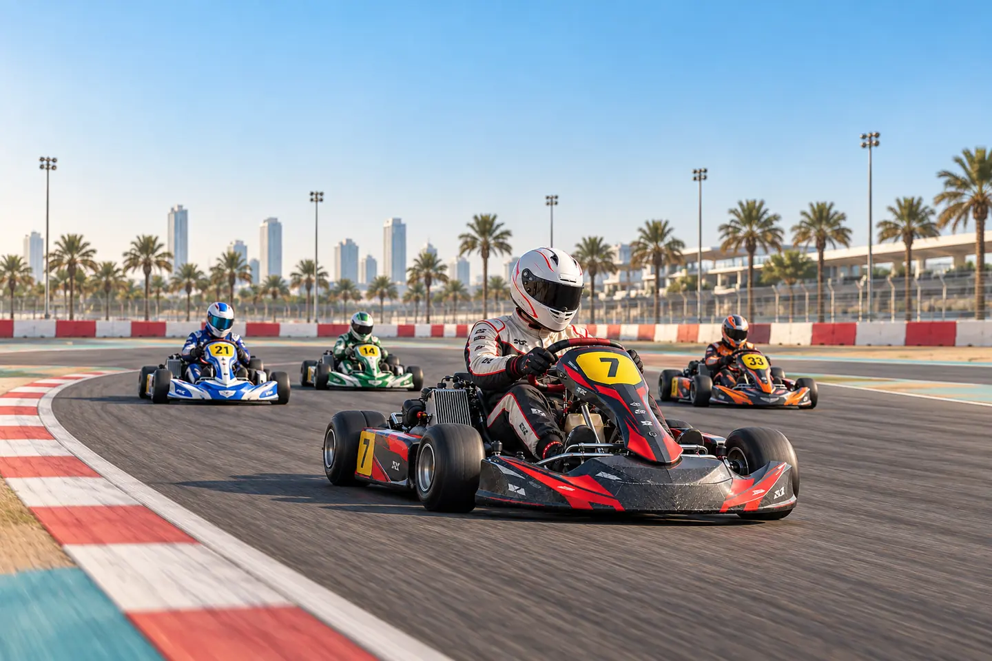 AI-generated illustration: Four kart racers in varied colours on their own UAE-inspired kart circuit