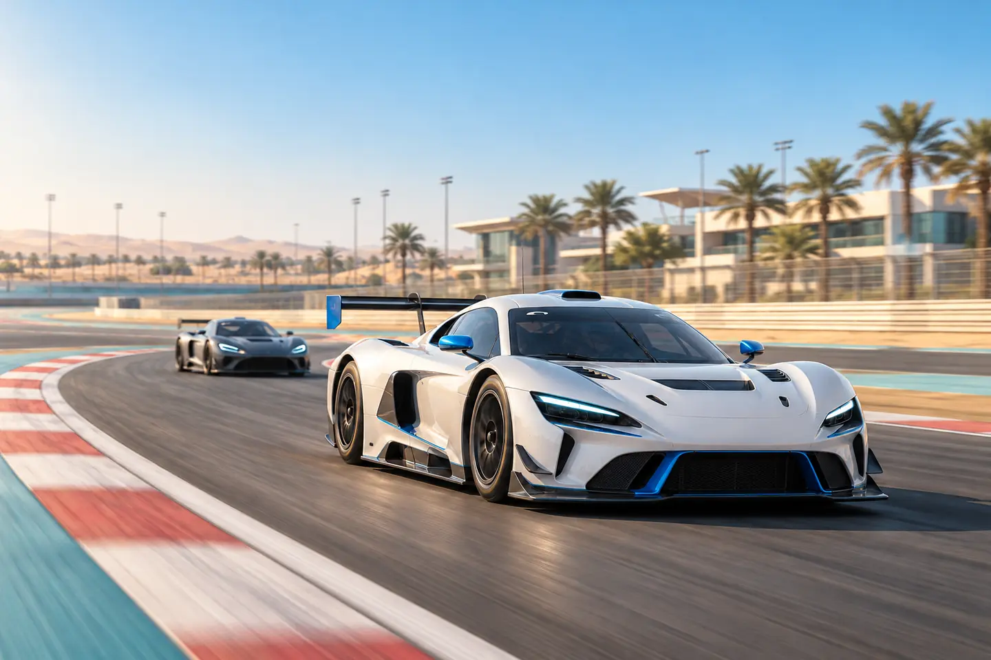 AI-generated illustration: A white and blue GT-style racing car with a second car behind on a separate UAE-inspired circuit